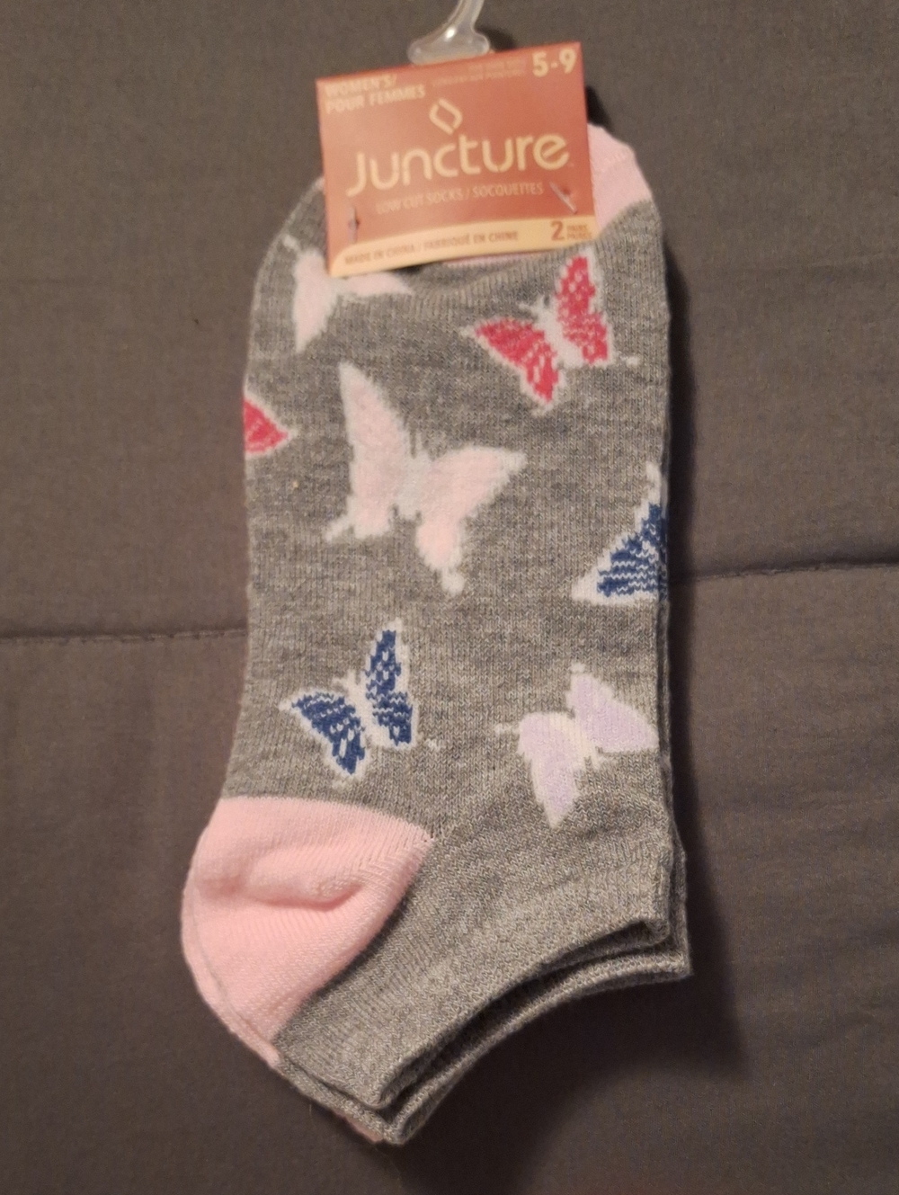 Juncture Women's Gray Butterfly Ankle Socks - Pink Accent